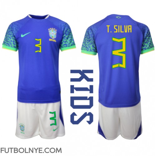 Camiseta Brasil Thiago Silva #3 Visitante Equipación para niños Mundial 2022 manga corta (+ pantalones cortos)